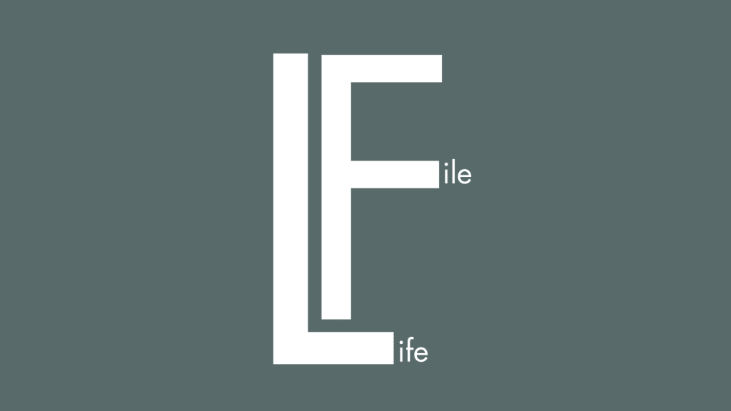 The company logo for File of Life. stylised white text on a muted green background