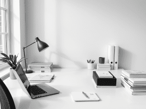 A black and white image of a clean and organised work space. Symbolising how using file of life will bring calm organisation to your administration.