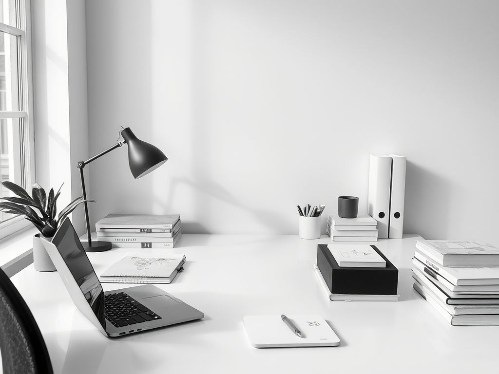 A black and white image of a clean and organised work space. Symbolising how using file of life will bring calm organisation to your administration.