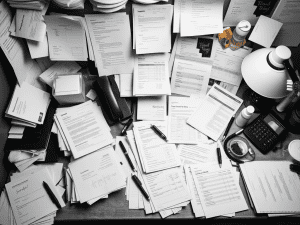 A black and white cluttered disorganised workspace showing an overwhelming pile of paperwork and life administration. Before getting streamlined with File of Life
