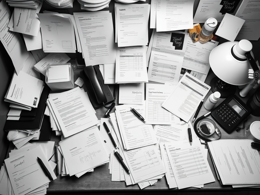 A black and white cluttered disorganised workspace showing an overwhelming pile of paperwork and life administration. Before getting streamlined with File of Life