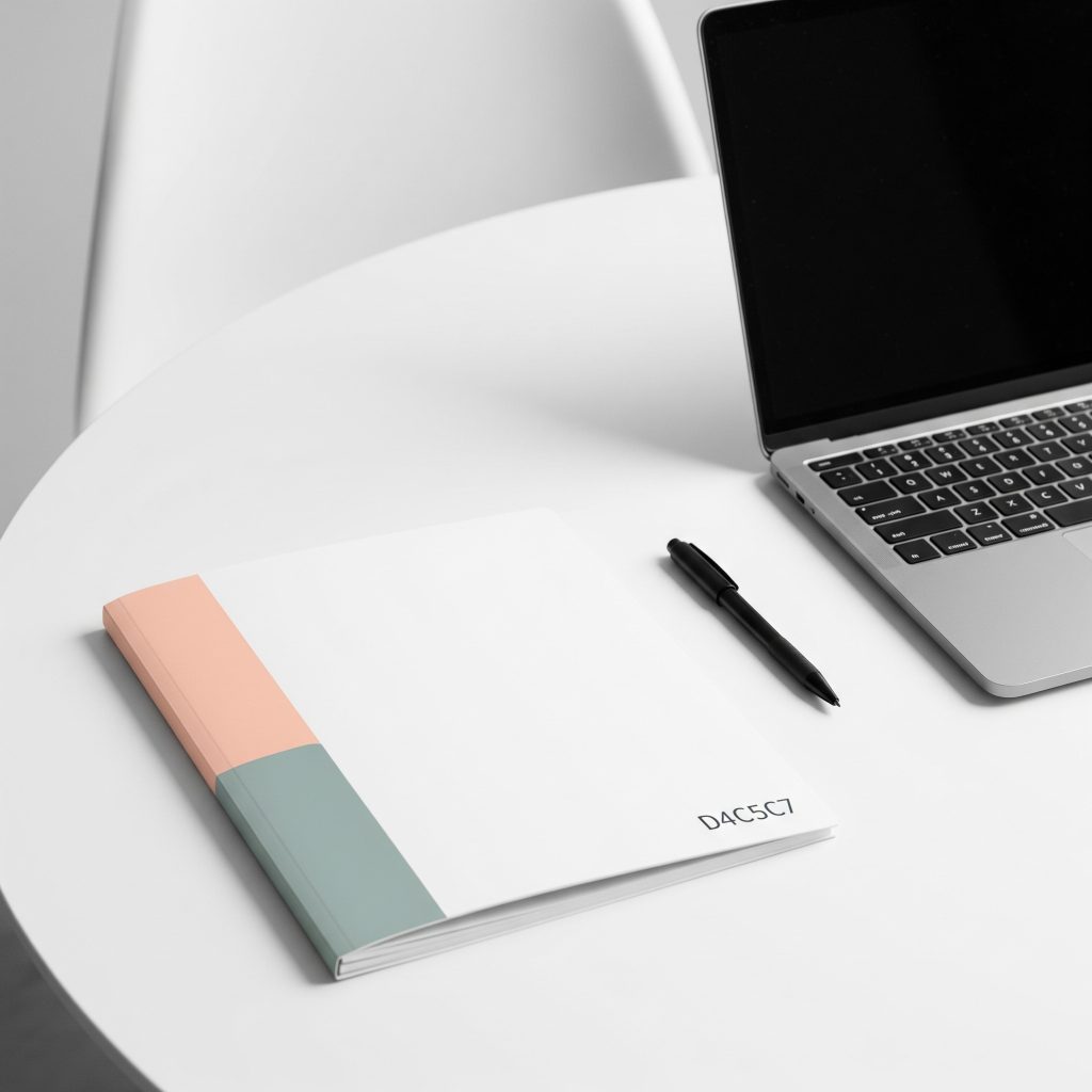 A minimalist desk with a MacBook and pen. alongside is a file of life containing documents.